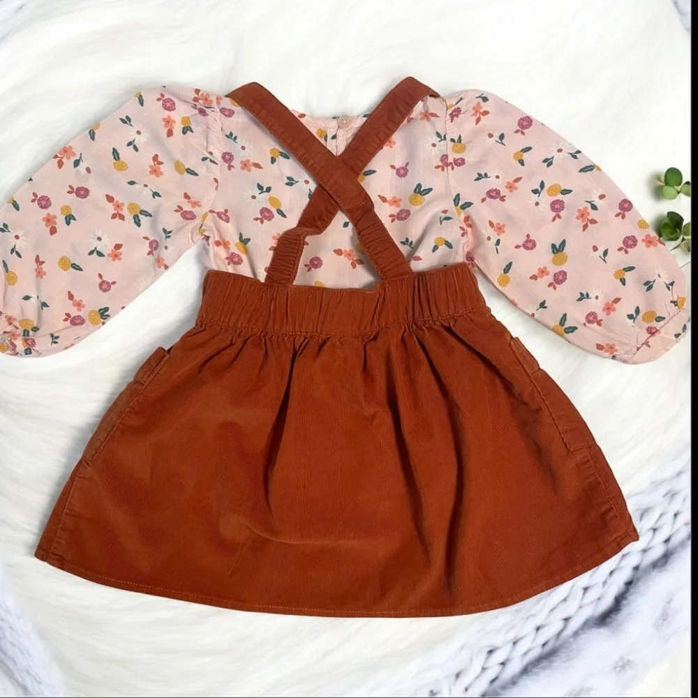 Cat & Jack Floral Top with A Rusty Brown Corduroy Suspender Skirt